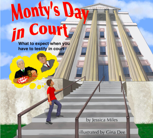 illustrated cover of courthouse with little boy. Title Monty's Day in Court