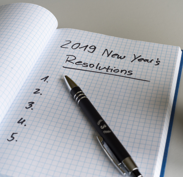Notebook with 2019 New Year's Resolutions written on the pages