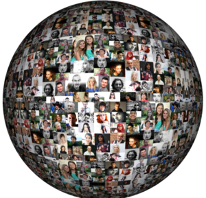 globe shape filled with photos of people