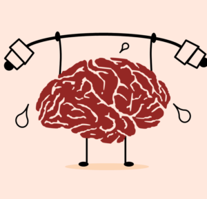 drawing of a brain lifting a barbell and sweating