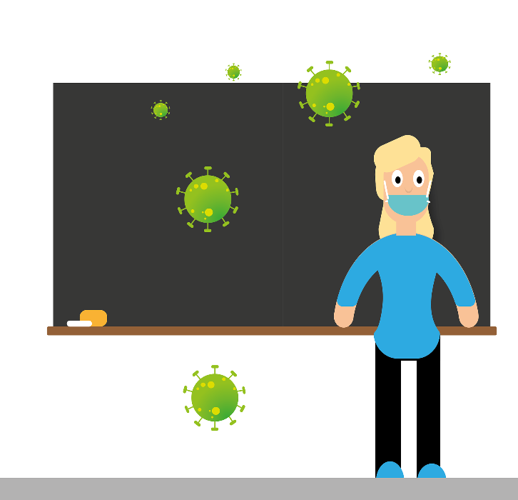 drawing of teacher with mask in front of blackboard with coronavirus scattered around